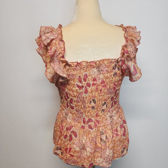 Nanette Lepore Floral Flutter Sleeve Top Size M Smock Ruffle Orange Peplum Boho - Picture 2 of 11